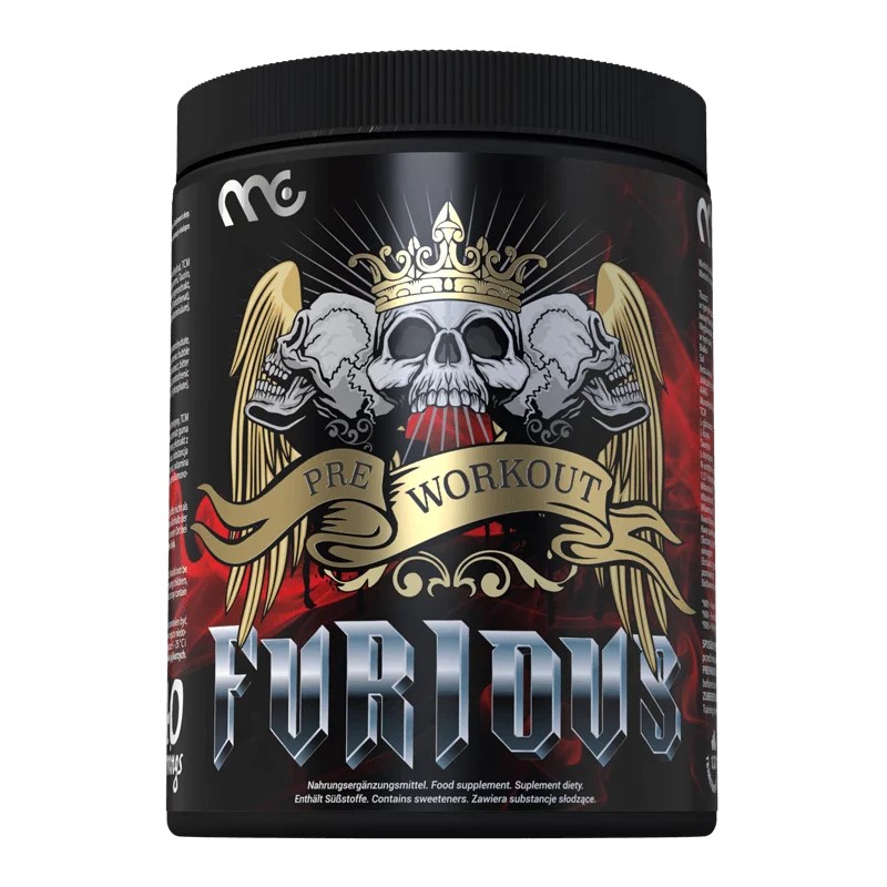 Muscle Clinic FURIOUS Pre-Workout supplement, 450g, with a bold skull and crown design on a black and red background, intended for pre-workout energy and performance support.