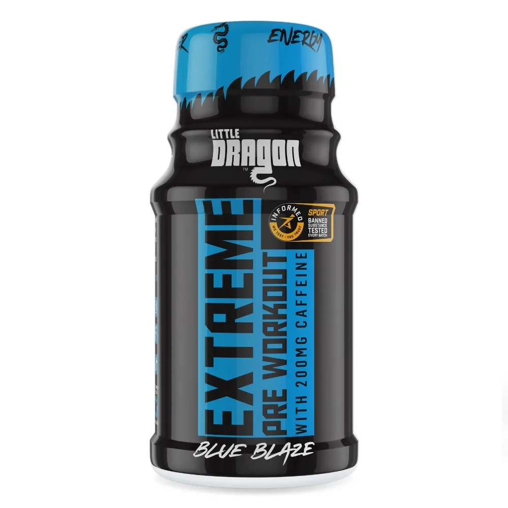 Little Dragon Extreme Pre Workout Blue Blaze 60ml shot with 200mg caffeine, pre-workout supplement in a black and blue bottle.