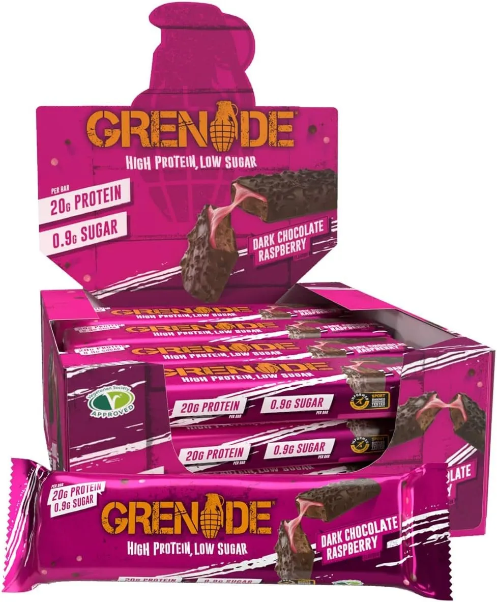 Grenade Carb Killa Bar Dark Chocolate Raspberry 60g x12, high protein, low sugar snack bars in a vibrant pink box, suitable for fitness and low-carb diets.