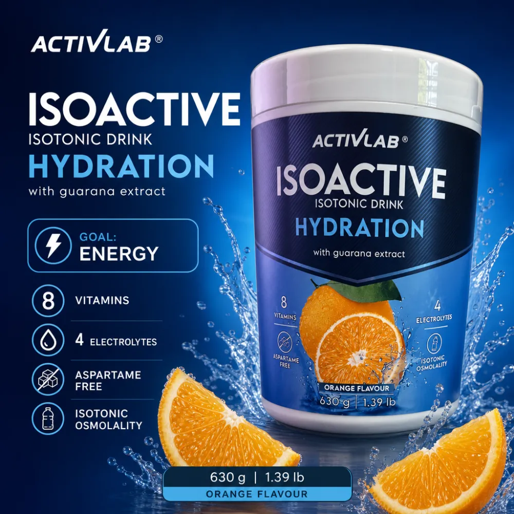 ActivLab Iso Active + Guarana 630g Orange is an isotonic drink powder for hydration and energy, featuring guarana extract, 8 vitamins, 4 electrolytes, and orange flavour.