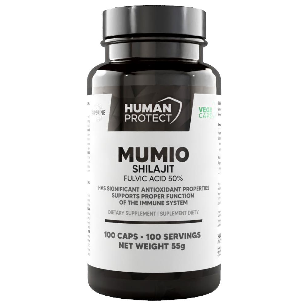 Close-up of Human Protect Mumio Shilajit 400mg capsules, small clear capsules with powdered contents