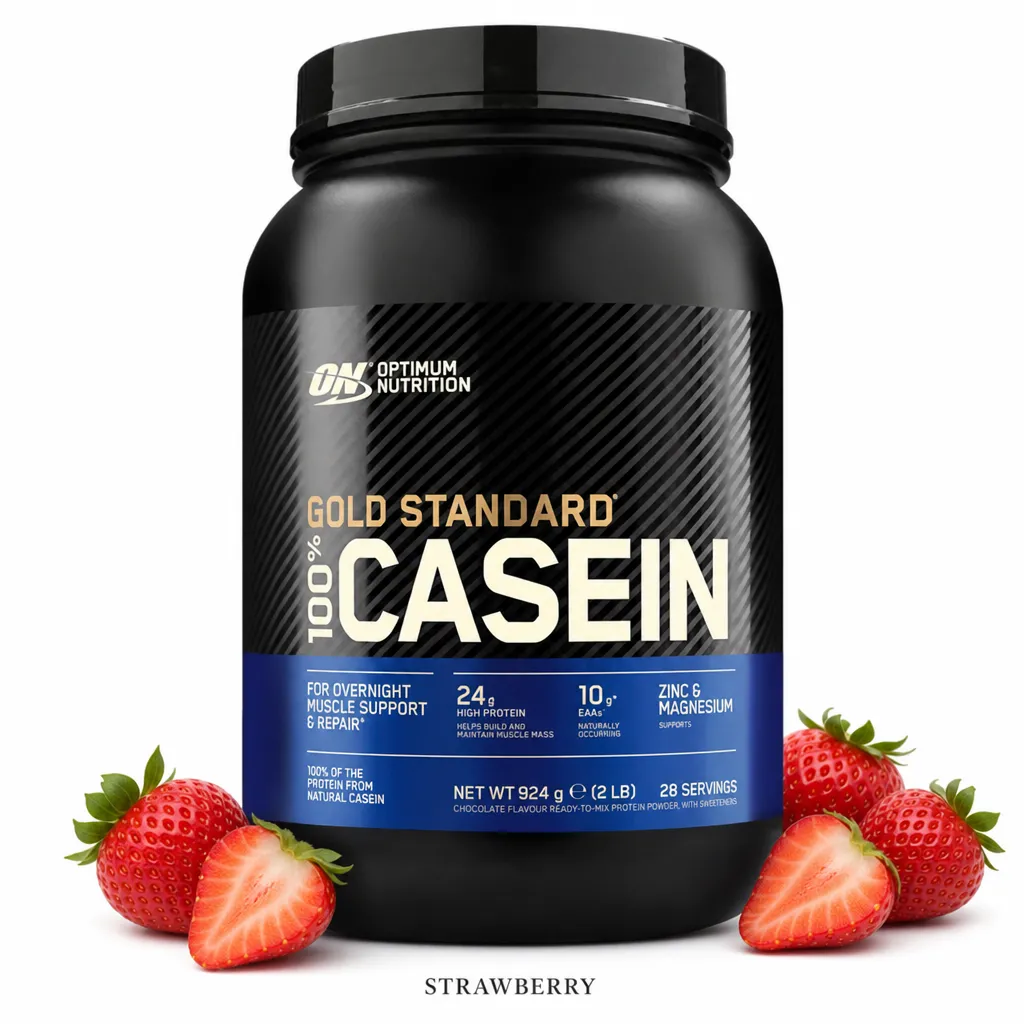 Optimum Nutrition Gold Standard 100% Casein 910g strawberry flavour protein powder, slow-digesting micellar casein for muscle recovery, in a black tub with strawberries.