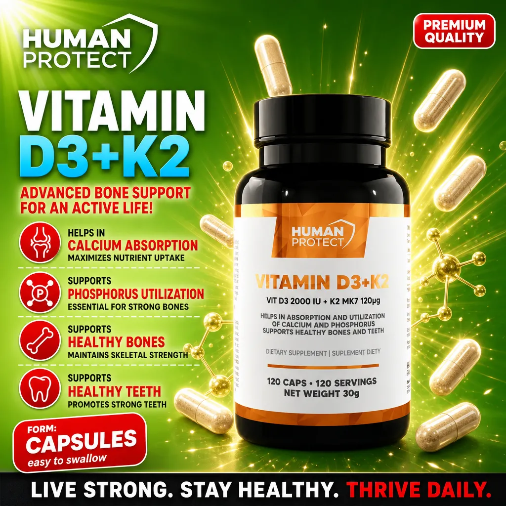 Human Protect Vitamin D3+K2 dietary supplement, 120 capsules, supports bone and teeth health, with 2000 IU D3 and 120 µg K2 per serving, in a black bottle with orange label.