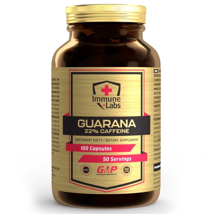 Immune Labs Guarana dietary supplement with 22% caffeine, 100 capsules per bottle, designed to support energy and alertness. Brown bottle with gold and black label.