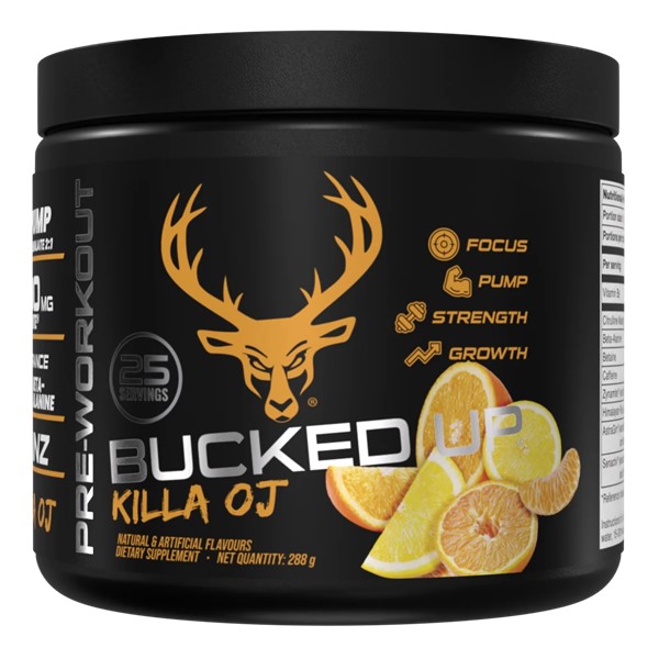 Bucked Up Pre-Workout Killa OJ is a dietary supplement with 25 servings, featuring orange flavor, designed to support focus, pump, strength, and growth. The packaging is predominantly black with orange accents and citrus imagery.