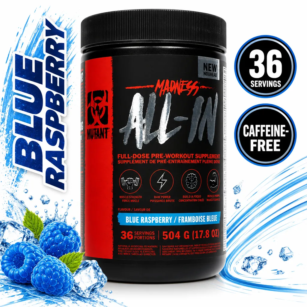 Mutant Madness All-In blue raspberry pre-workout powder, 36 servings and 504 g container, shown as a caffeine-free formula