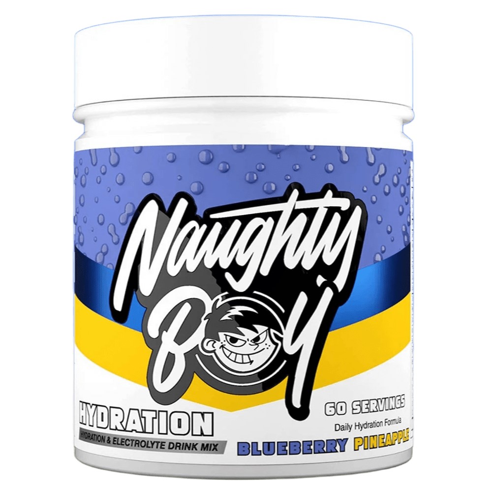 Naughty Boy Hydration 60 Servings tub, likely a plastic container with branded label and supplement details