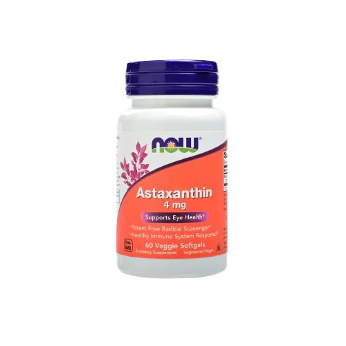 NOW Astaxanthin 4mg 60 veggie softgels antioxidant supplement with eye health support, in a white bottle with a purple cap and orange label.