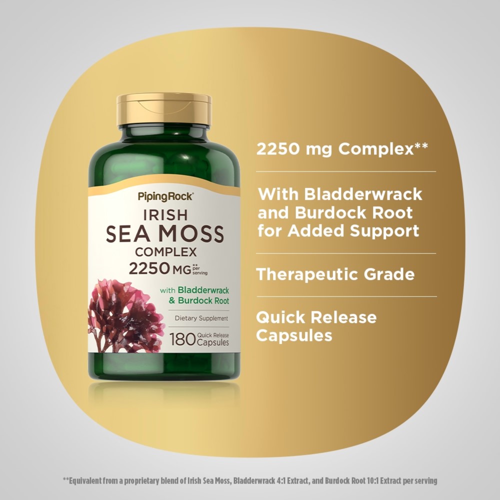 Piping Rock Irish Sea Moss Complex 2250mg dietary supplement with bladderwrack and burdock root, 180 quick release capsules, green bottle with beige label.