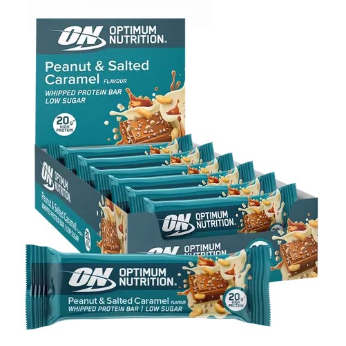 Optimum Nutrition Whipped Protein Bar in Peanut & Salted Caramel flavour, 65g bar, high protein, low sugar, shown in a branded display box with multiple bars.
