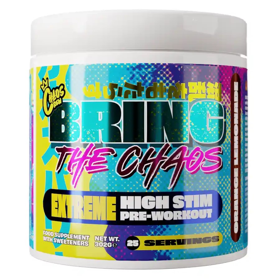 Chaos Crew Bring The Chaos Extreme High Stim Pre-Workout supplement, 25 servings, orange lemonade flavour, colourful label, 302g tub.