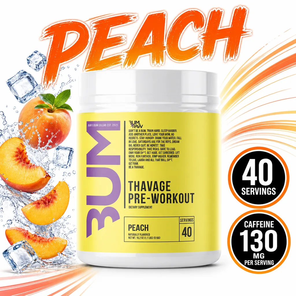 RAW Nutrition CBUM Thavage Peach pre-workout supplement, 40 servings with 130 mg caffeine per serving