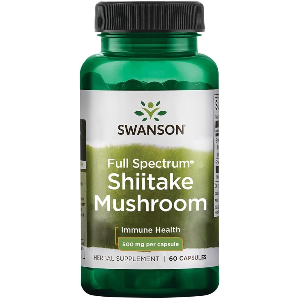 Swanson Full Spectrum Shiitake Mushroom 500mg herbal supplement for immune health, 60 capsules in a green bottle.