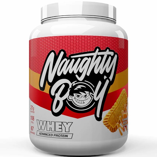 Naughty Boy Whey Advanced Protein peanut butter biscuit flavour protein powder in a large white tub with red and yellow label, 2010g size.