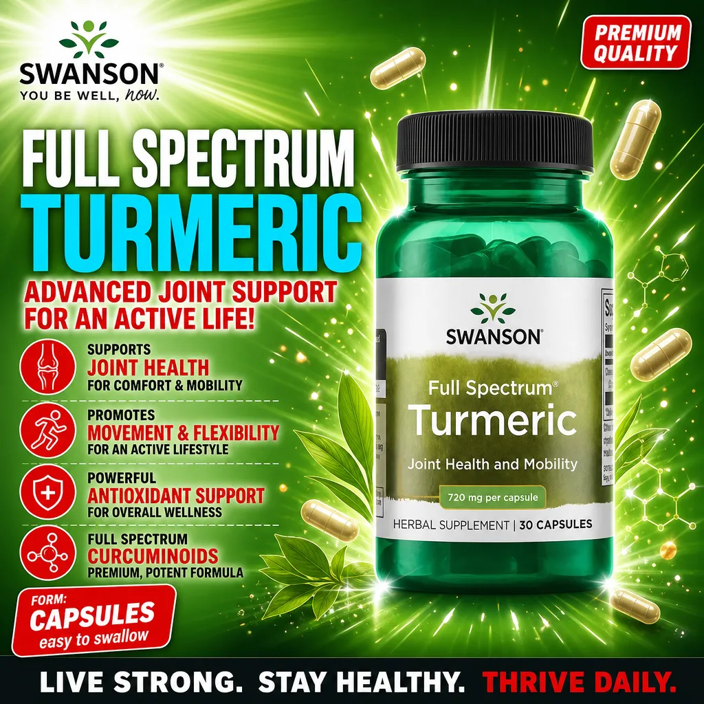 Swanson Full Spectrum Turmeric 720mg 30 capsules herbal supplement for joint health and mobility, shown in a green bottle with capsule form.