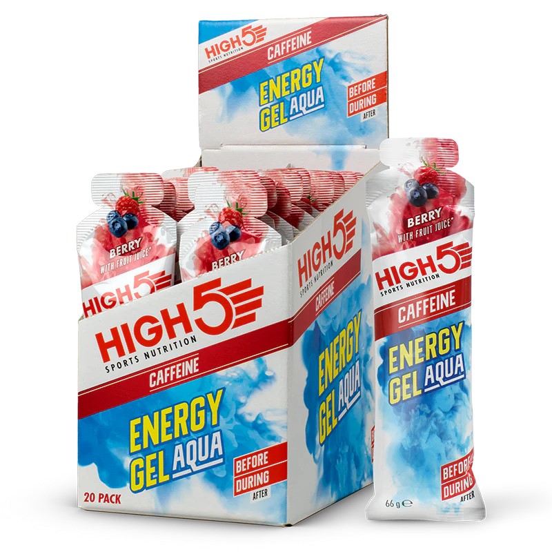 High5 Energy Gel Aqua Caffeine Berry is a sports nutrition gel with fruit juice, designed for energy during exercise, available here in a 20 pack with berry flavour.