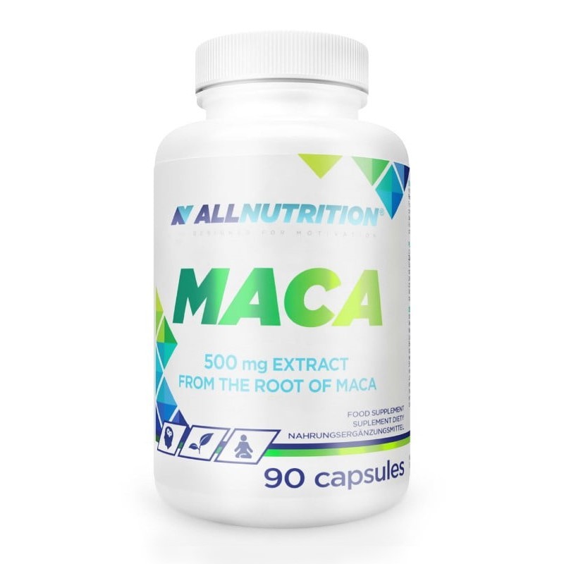 Allnutrition Maca 90 capsules dietary supplement with 500 mg maca root extract, white bottle with green and blue accents.