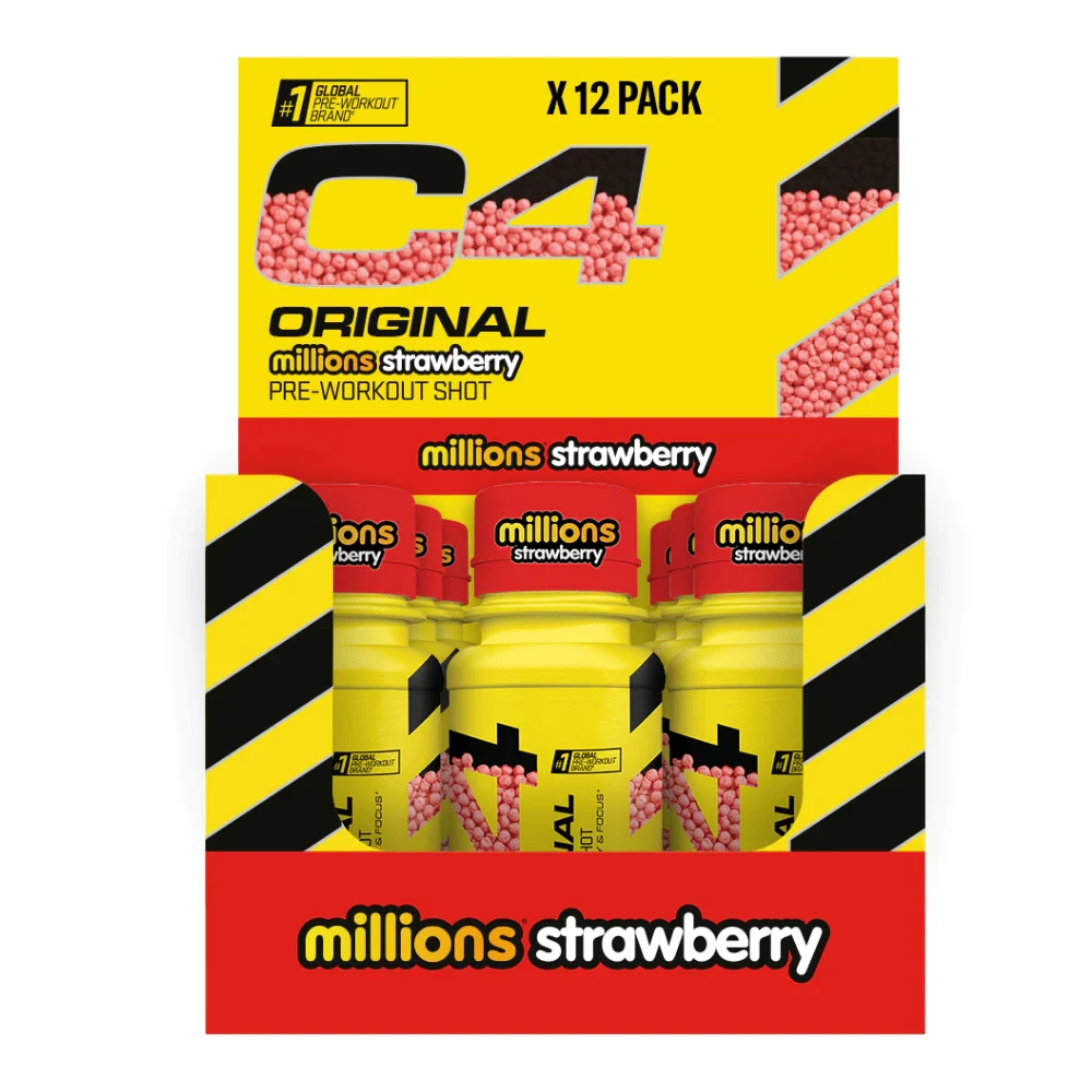 Cellucor C4 Pre Workout Shot Millions Strawberry 60ml x12 pack, featuring bright yellow bottles with red caps, designed for energy and focus before workouts.