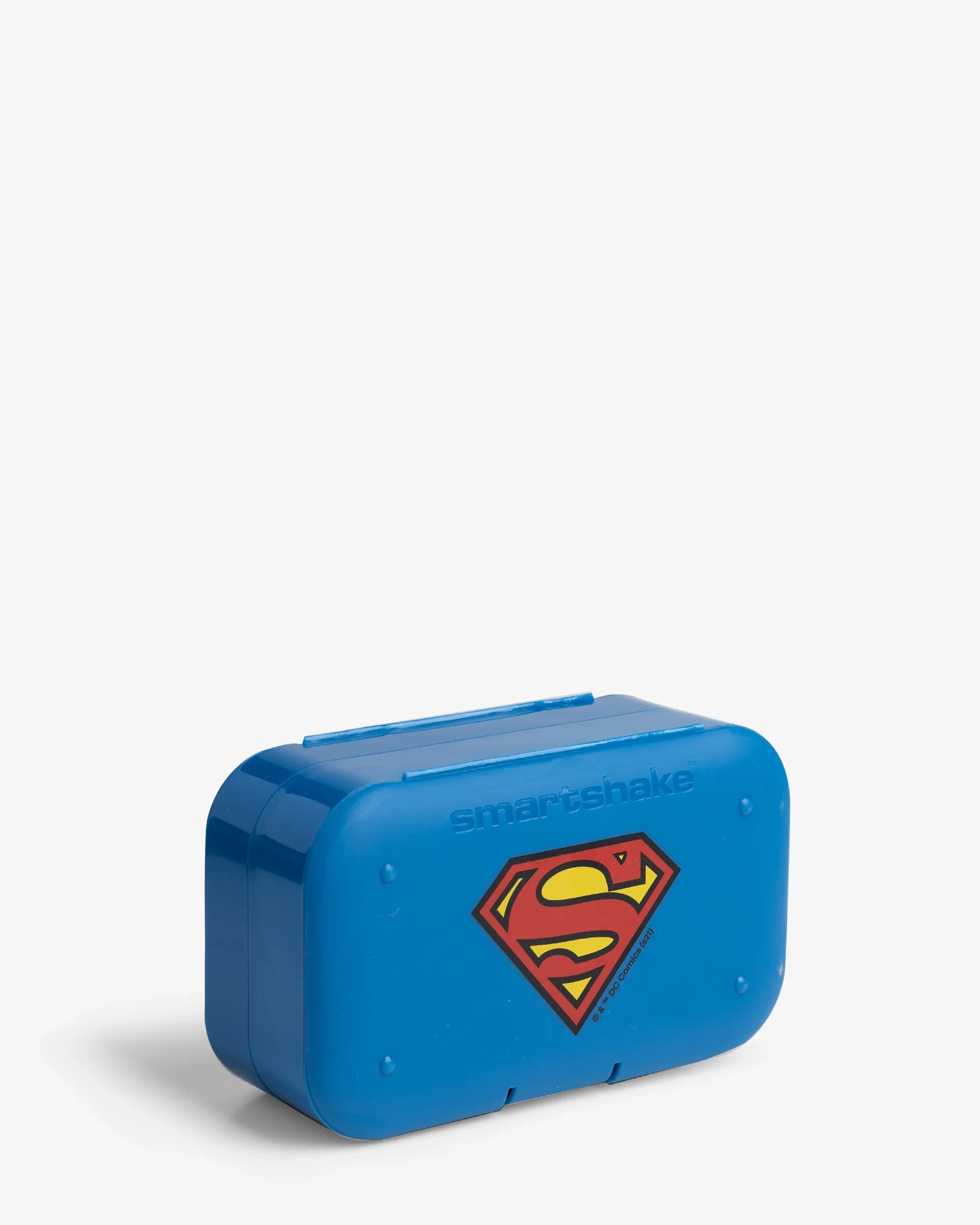 SmartShake Pill Box Organizer DC Superman 2pack, a blue dual-compartment pill organizer with the iconic Superman logo, made from BPA-free plastic.