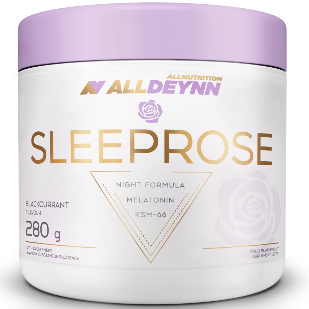 Allnutrition ALLDEYNN Sleeprose blackcurrant flavour night formula supplement with melatonin and KSM-66, 280g, in a white and lavender container.
