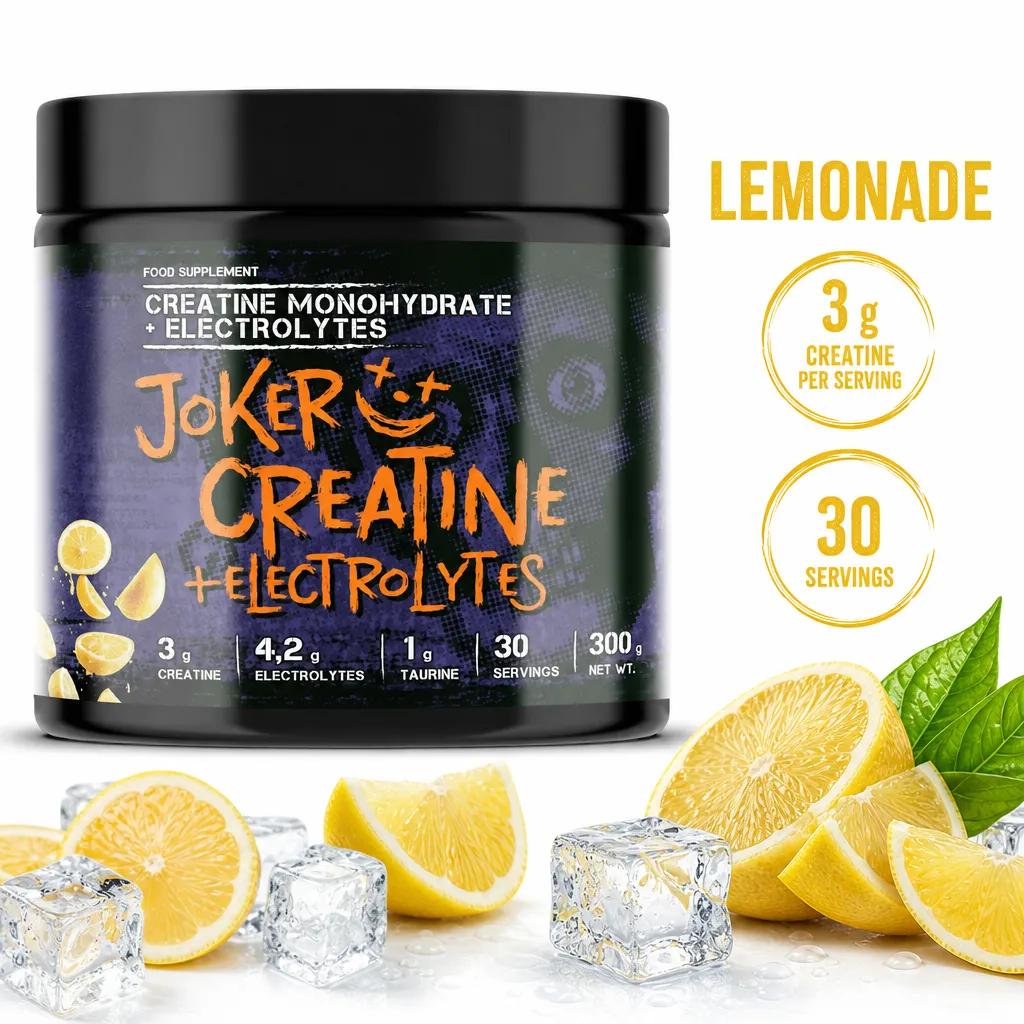 Joker Nutrition Joker Creatine + Electrolytes 300g lemonade-flavoured powder supplement with 3g creatine per serving and 30 servings.