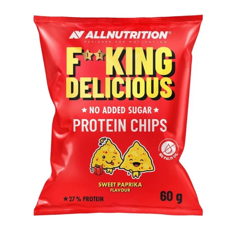 Allnutrition Fitking Delicious Protein Chips sweet paprika flavour, high-protein snack with no added sugar, 60g pack, red packaging.