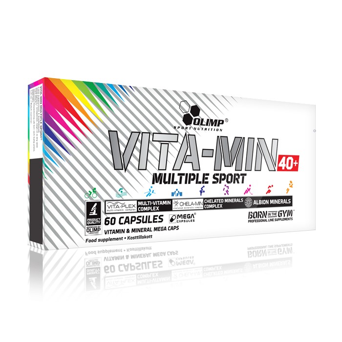 Olimp Vita-Min Multiple Sport 40+ vitamin and mineral supplement, 60 capsules, designed for active adults over 40, in a white box with rainbow accents.