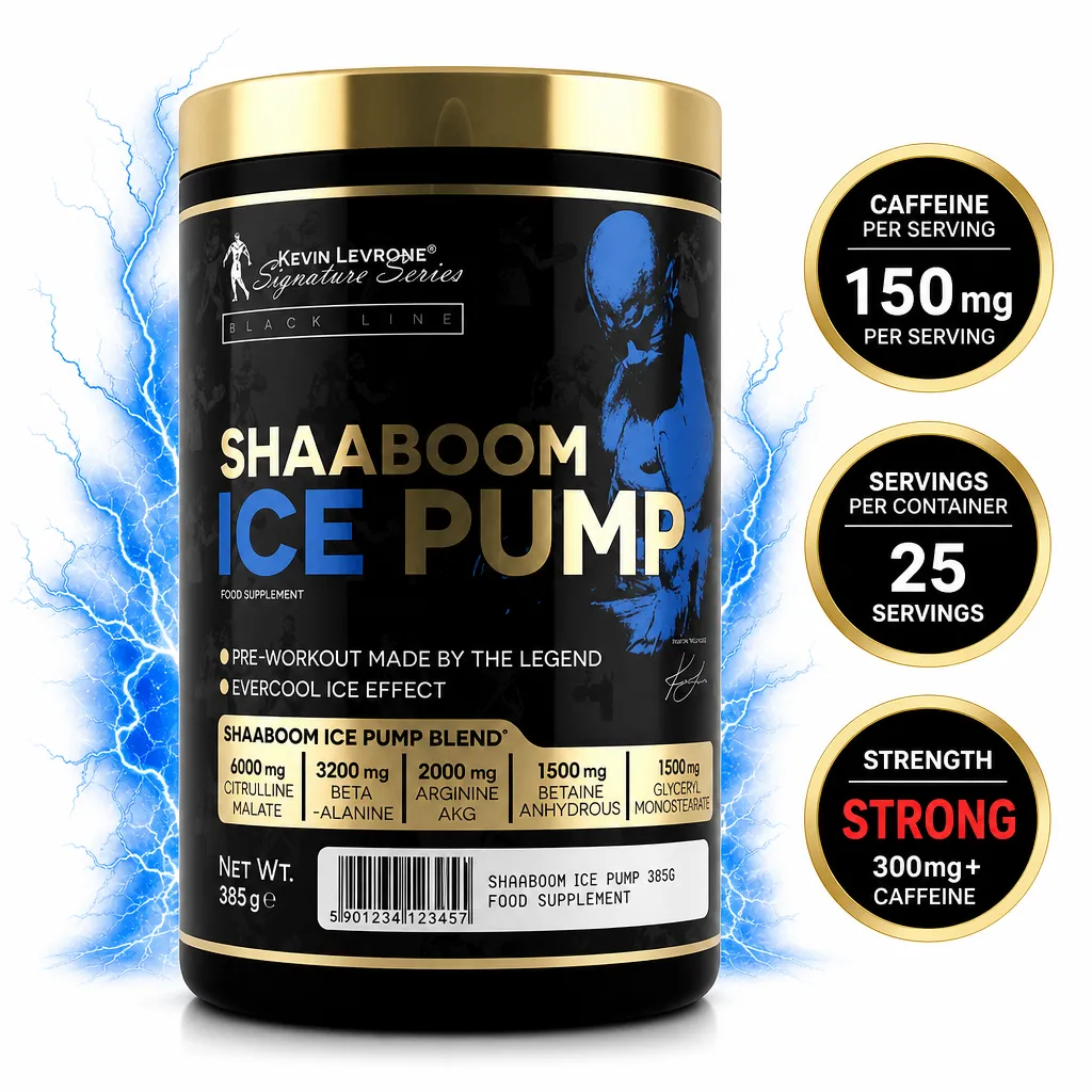 Kevin Levrone Shaaboom Ice Pump 385g pre-workout powder supplement in a black and gold tub with blue accents
