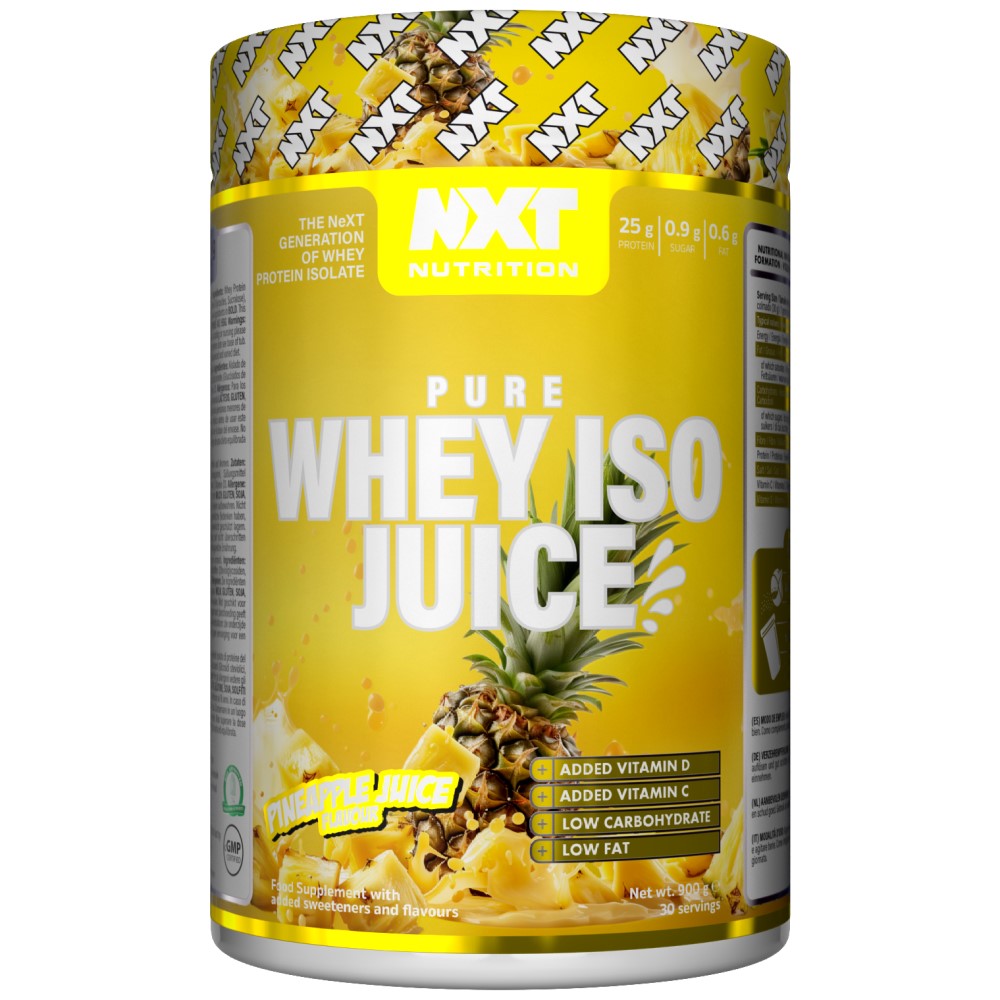 NXT Nutrition Pure Whey ISO Juice 900g pineapple juice flavour whey protein isolate supplement with added vitamin D and C, low carbohydrate and low fat, in a yellow tub.