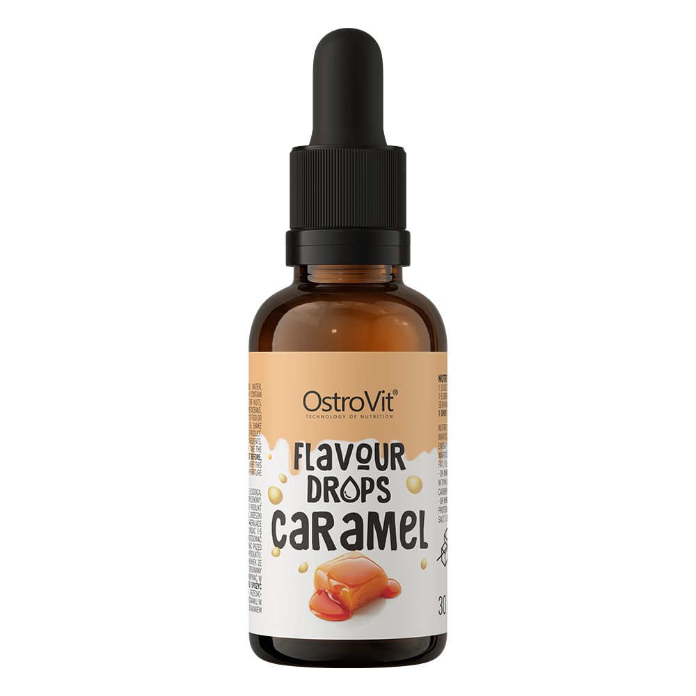 OstroVit Flavour Drops Caramel 30ml, a caramel-flavoured liquid sweetener in a brown glass dropper bottle, suitable for adding flavour to foods and drinks.