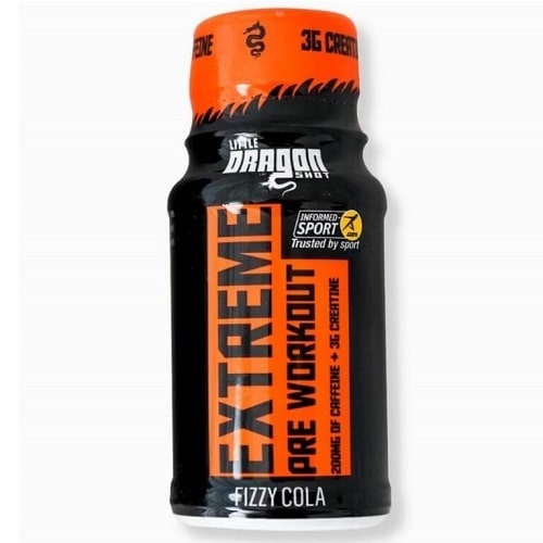 Little Dragon Extreme Pre Workout Shot fizzy cola flavour, 60ml bottle, high-caffeine and creatine pre-workout supplement in black and orange packaging.