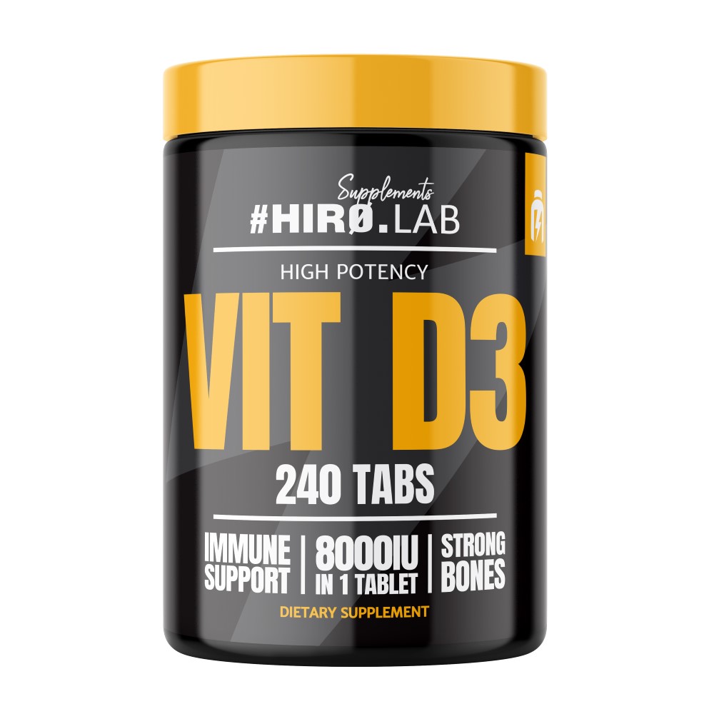 Hiro Lab Vit D3 high potency vitamin D3 supplement, 8000IU per tablet, 240 tablets, black and yellow packaging, dietary supplement for immune support and strong bones.