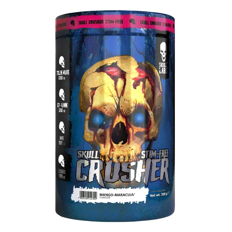 Skull Labs Skull Crusher Stim-Free 350g mango-maracuja flavour pre-workout supplement with a blue and yellow skull-themed design.