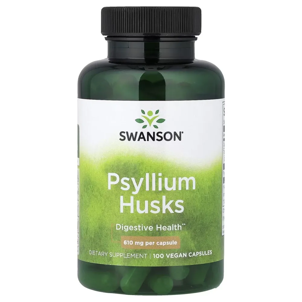 Swanson Psyllium Husks 610mg 100 vegan capsules dietary supplement for digestive health in a green bottle