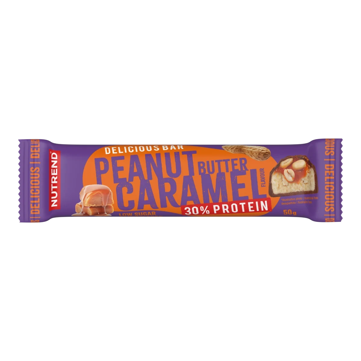 Nutrend Delicious Protein Bar 30% is a 50 g peanut butter caramel protein bar in purple and orange packaging.