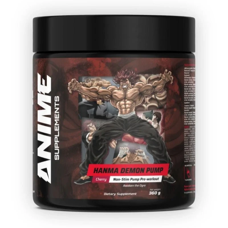 AnimeSupplements Hanma Demon Pump 360g cherry non-stim pump pre-workout powder supplement in a black tub