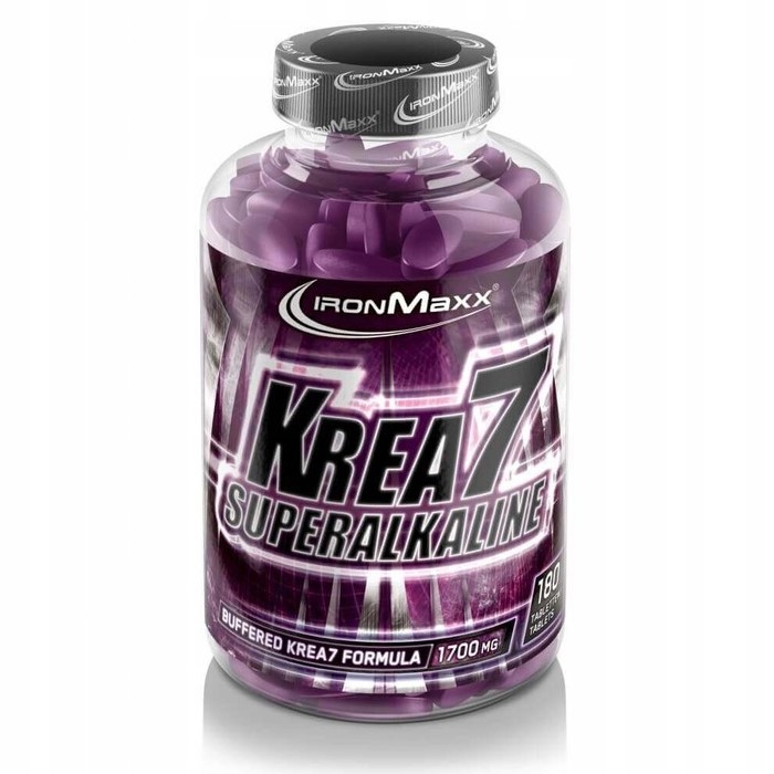 IronMaxx Krea7 Superalkaline 180 tablets, buffered Krea7 formula creatine supplement, 1700 mg per serving, in a purple-themed bottle.