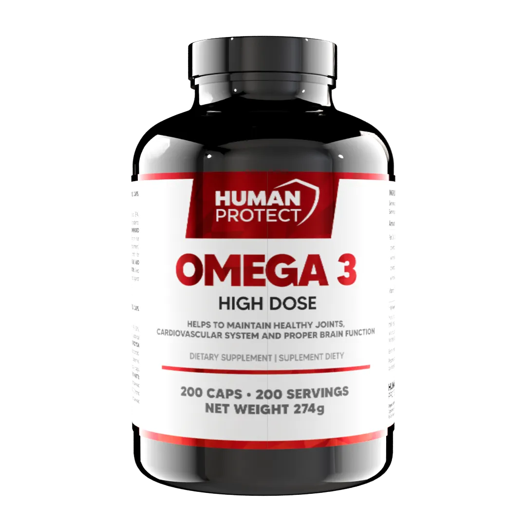 Human Protect Omega 3 High Dose dietary supplement, 200 capsules with 274 g net weight in a black bottle with a white and red label.