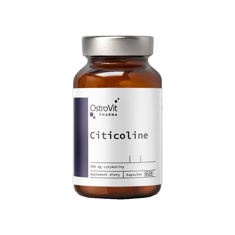 OstroVit Pharma Citicoline dietary supplement, 60 capsules in an amber bottle with a white label and dark purple accent.