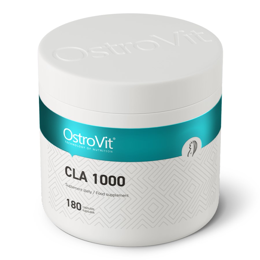 OstroVit CLA 1000 180 capsules dietary supplement, white and teal container, food supplement for nutrition support.