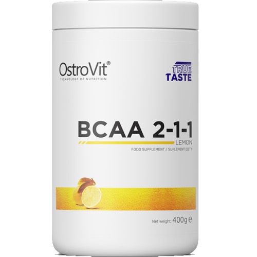 OstroVit BCAA 2-1-1 Lemon 400g is a powdered BCAA amino acid supplement with a lemon flavour, designed for athletes and active individuals. The packaging is predominantly white with yellow accents and a lemon image.