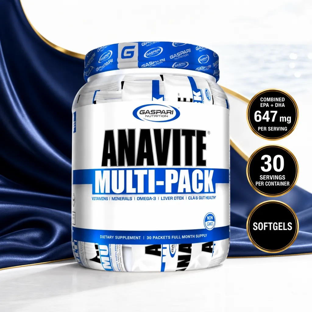 Gaspari Nutrition Anavite Multi-Pack 30 Packs dietary supplement in a white and blue container with pre-measured softgel packs