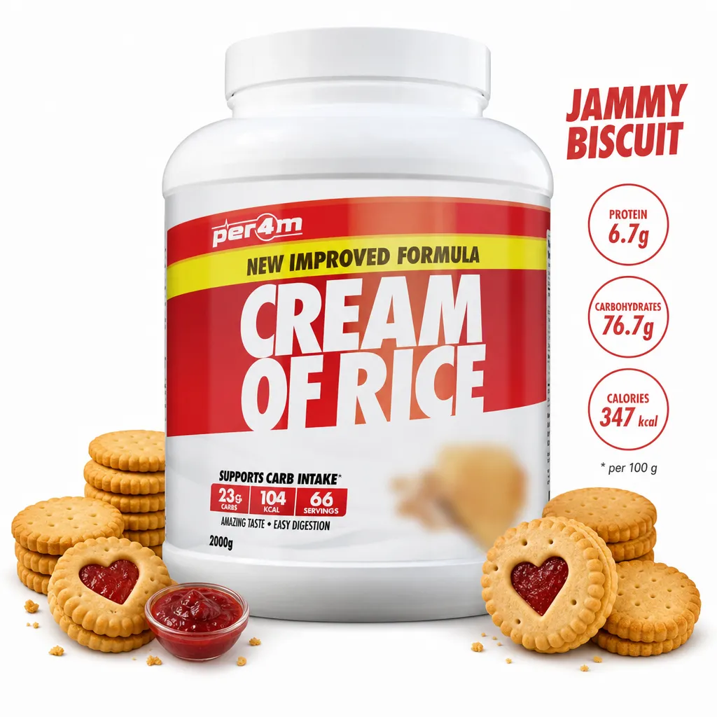 Per4m Cream of Rice 2000g Jammy Biscuit flavour, a finely milled rice flour supplement for athletes, gluten-free, vegan, low sugar and fat, in a large white tub.