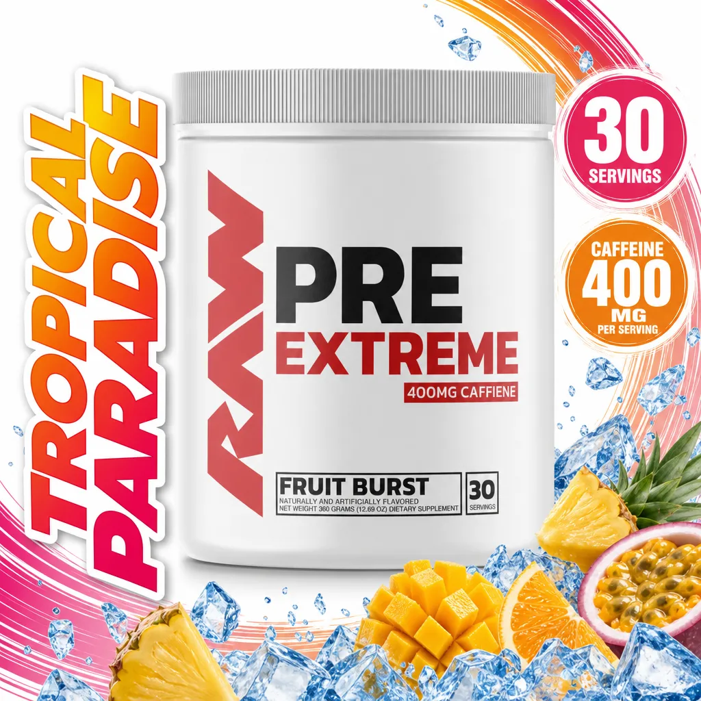 RAW Nutrition RAW Pre Extreme fruit burst pre-workout powder, 30 servings, with 400 mg caffeine per serving
