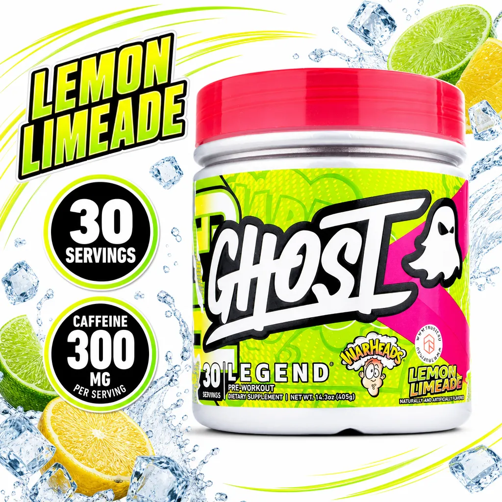 Ghost Lifestyle Ghost Legend Pre-Workout powder in Lemon Limeade flavour, 30 servings with 300 mg caffeine per serving