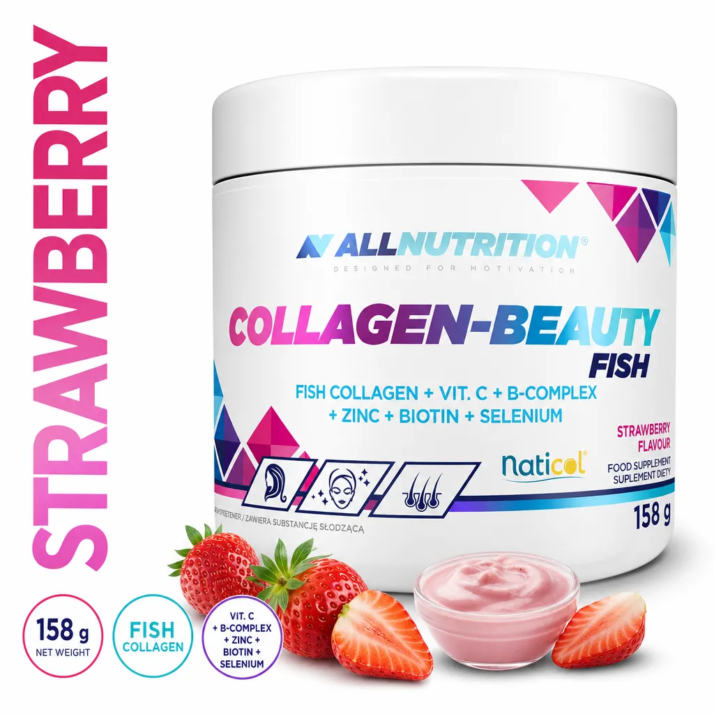 Allnutrition Collagen Beauty Fish 158g marine collagen powder supplement with strawberry flavour, vitamin C, biotin, zinc and selenium