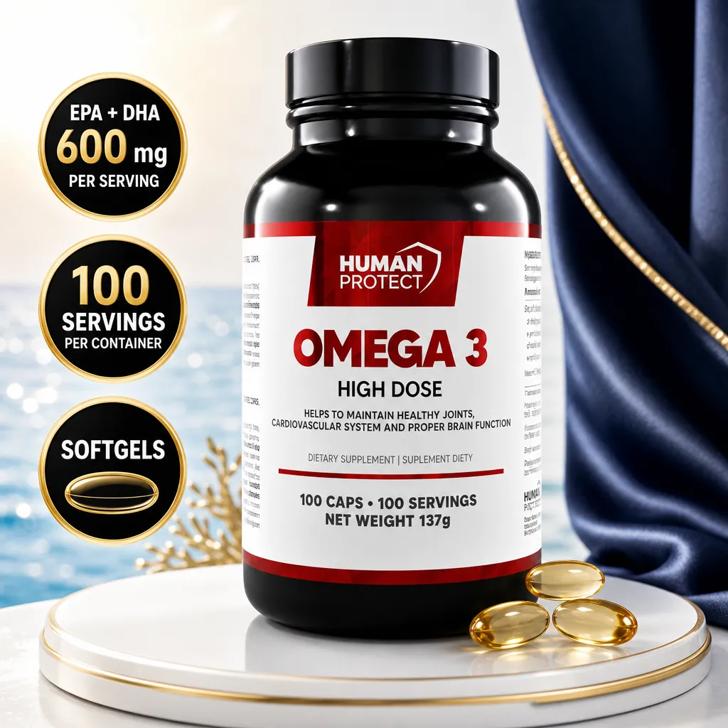 Human Protect Omega 3 HIGH DOSE dietary supplement with 100 softgels, 600mg EPA and DHA per serving, in a black bottle