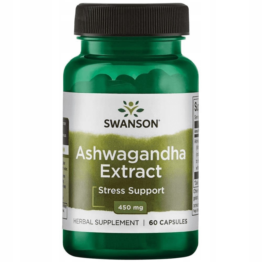 Swanson Ashwagandha Extract 450mg 60 capsules herbal supplement for stress support in a green bottle.