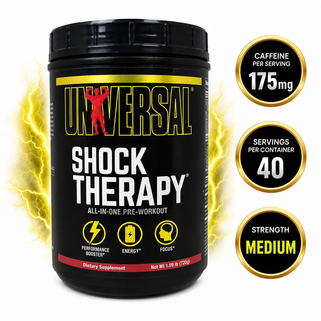 Universal Nutrition Shock Therapy all-in-one pre-workout supplement, 40 servings, in a black tub with yellow and red branding