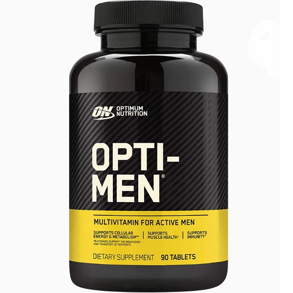 Optimum Nutrition Opti-Men multivitamin supplement for active men, 90 tablets, black bottle with yellow label, supports cellular energy, muscle health, and immunity.